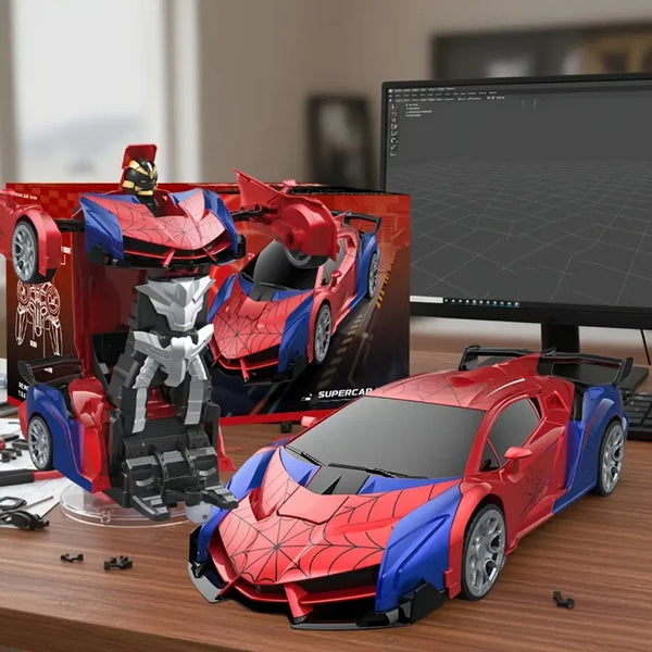 A red and blue RC car with a transformable body is shown next to its disassembled parts and a computer monitor.