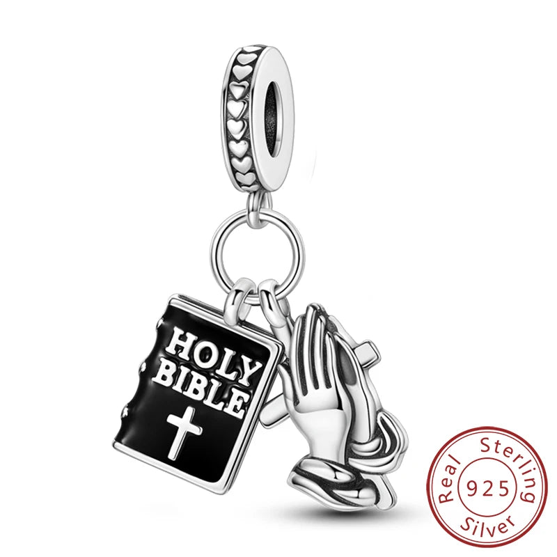 Sterling silver charm beads set featuring cross, angel, and evil eye designs for DIY jewelry making