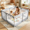 A large gray baby playpen with breathable mesh is set up indoors, featuring two toddlers playing inside.
