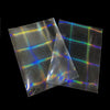 A pack of holographic card sleeves showing iridescent rainbow colors and light effects.