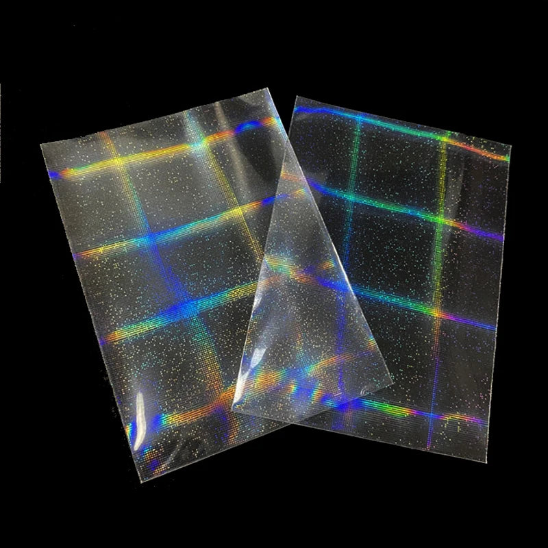 A pack of holographic card sleeves showing iridescent rainbow colors and light effects.