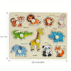 A wooden shape matching puzzle board featuring various animal figures like a tiger, lions, monkey, rabbit, alligator, hippo, 