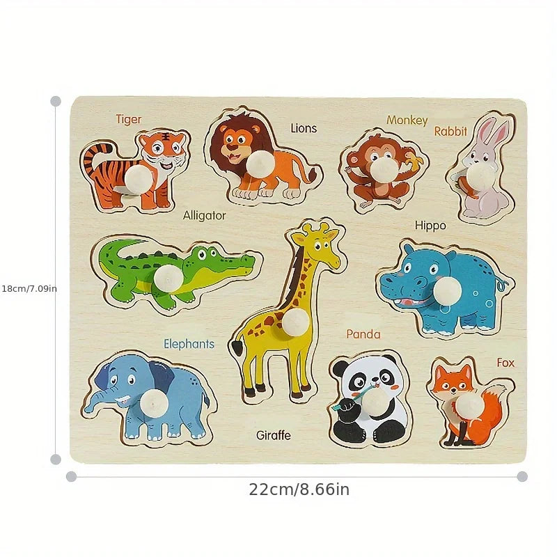 A wooden shape matching puzzle board featuring various animal figures like a tiger, lions, monkey, rabbit, alligator, hippo, 