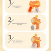 Instructions showing how to install batteries, bubble liquid, and pull the trigger on an orange bear-shaped automatic bubble 