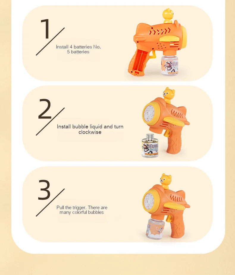 Instructions showing how to install batteries, bubble liquid, and pull the trigger on an orange bear-shaped automatic bubble 