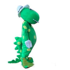 A green dinosaur mascot costume with a white hat and yellow spots.