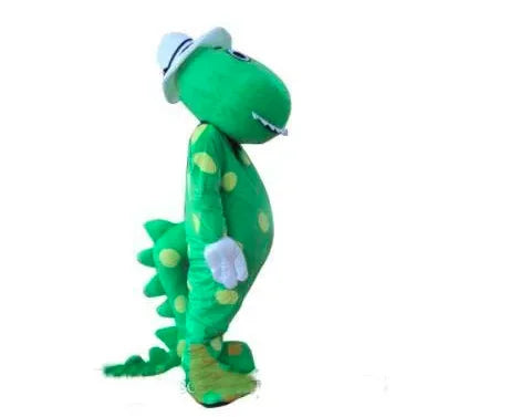 A green dinosaur mascot costume with a white hat and yellow spots.