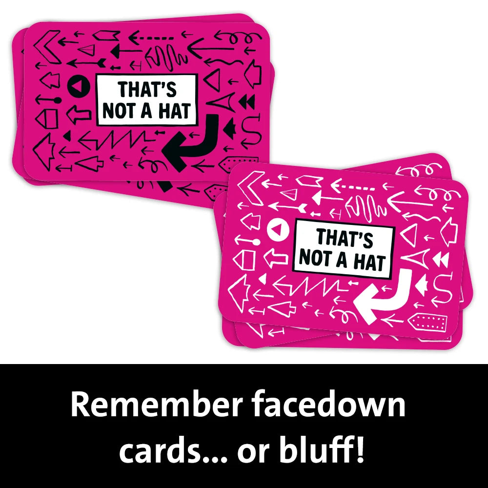 A pink card game featuring black arrows and text that says That's Not a Hat