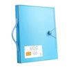 A light blue display book with a clear cover and a silver clasp.