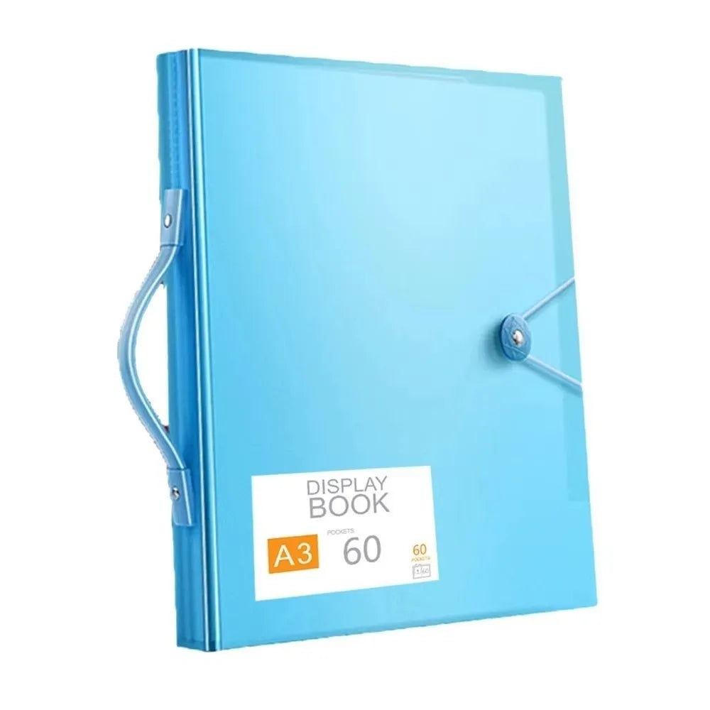 A light blue display book with a clear cover and a silver clasp.