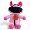 A pink plush doll resembling a pig with black facial features and a zipper detail.