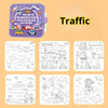 A set of line drawings depicting various modes of transportation like airplanes, cars, boats, and trucks for a children's wat