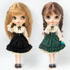 A pair of vintage lace maid dress sets for 1/6 scale dolls featuring blonde and brunette hair.