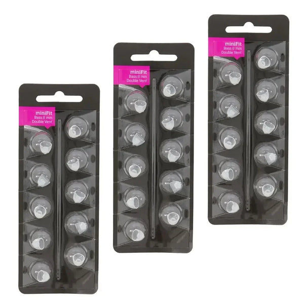 A pack of miniFit replacement bass domes for Oticon hearing aids, featuring 8mm size and double vent design.