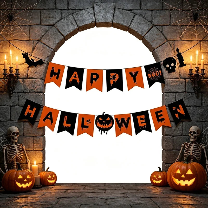 A Halloween paper flag banner featuring witch, bat, and pumpkin shapes strung across an arched stone wall decorated with cand