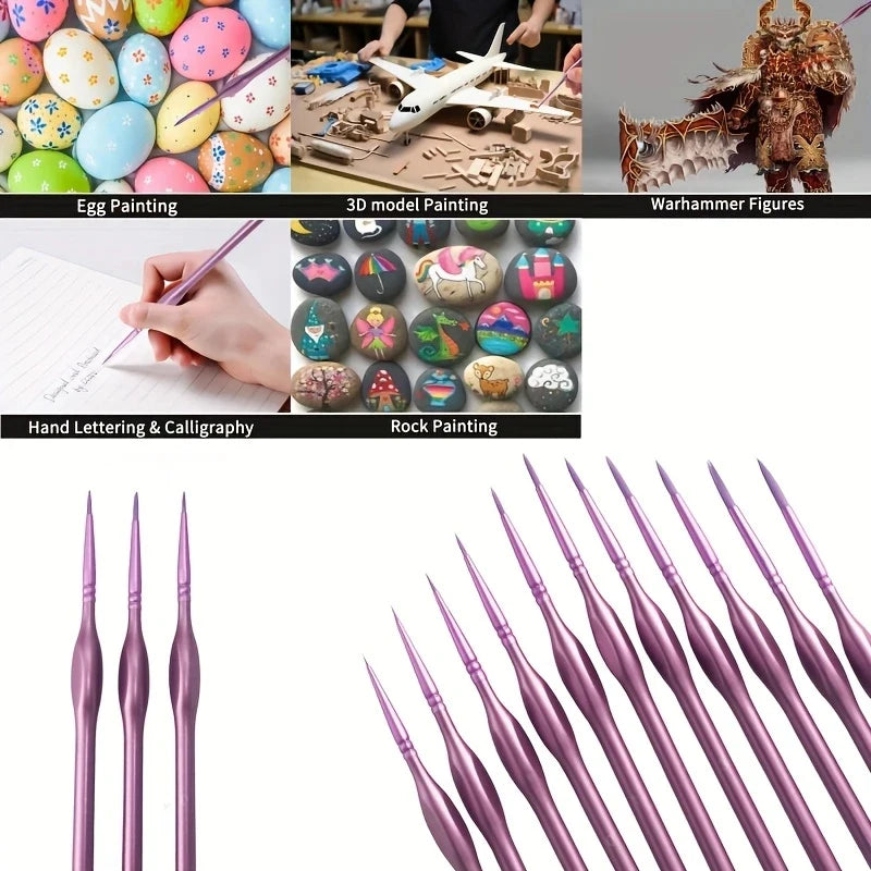 A set of eleven miniature detail paint brushes with natural wood handles shown in various artistic contexts.