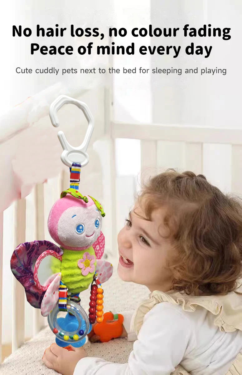 Soft Hanging Baby Rattle with Sensory Cartoon Plush Toy for Stroller and Crib