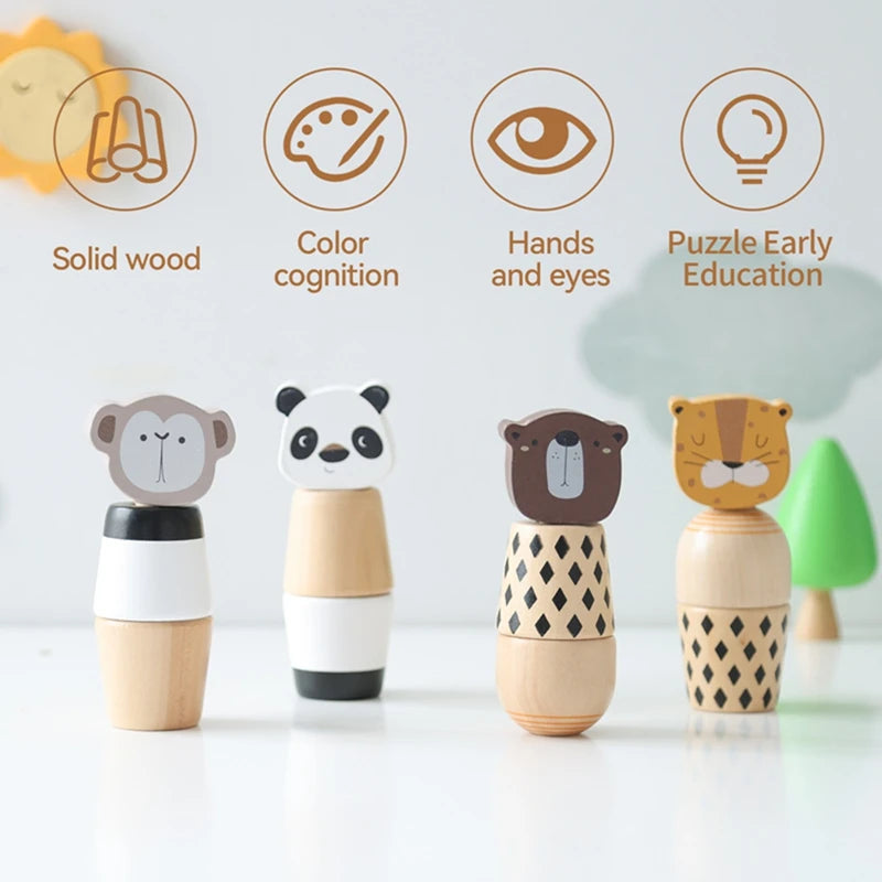 A set of wooden animal puzzle toys featuring elephants, pandas, and lions for early education.