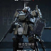 A detailed model kit of the FENRIR A6 Assault Type mecha, featuring dark gray and black armor components.