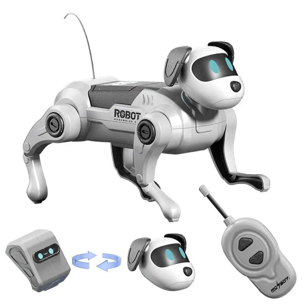 Jouet d'animal robot blanc et noir avec une longue antenne, montré avec ses pièces démontées.