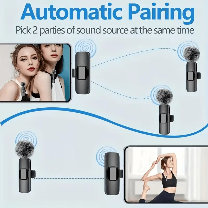 Automatic pairing feature showing two parties of sound source connecting to a microphone device.