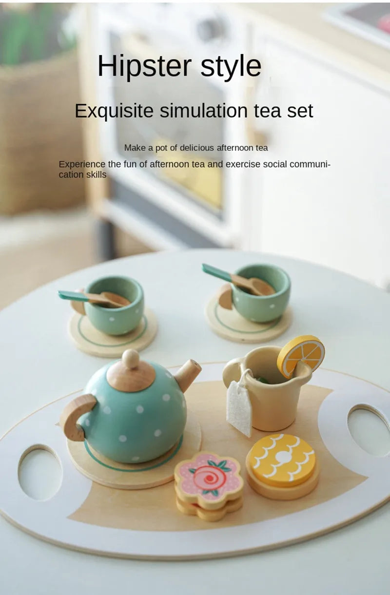 A Hipster style exquisite simulation tea set featuring a mint green teapot and accompanying accessories on a wooden tray.