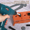 A hand uses an impact drill to drive a screw into an orange plastic toolbox for dual-direction screw driving.
