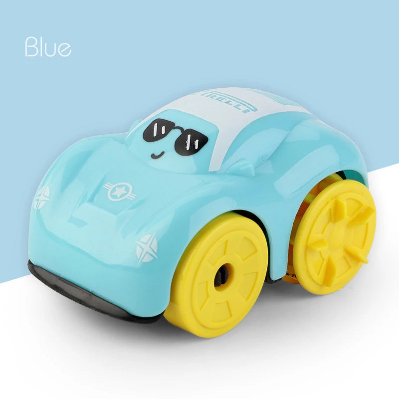 A light blue bath toy car with white accents and sunglasses is shown from the side.