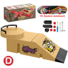 A finger skateboard park set featuring ramps, rails, and a wooden board with accessories.