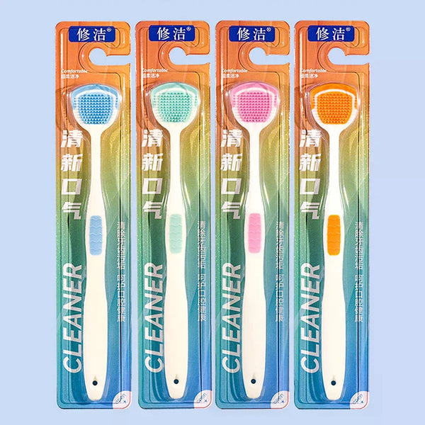Un set de cinq nettoyants pour la langue en silicone de différentes couleurs, emballés dans des tubes en plastique individuel