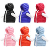 A set of four kids' hooded cotton vests in black, blue, red, pink, and light blue.