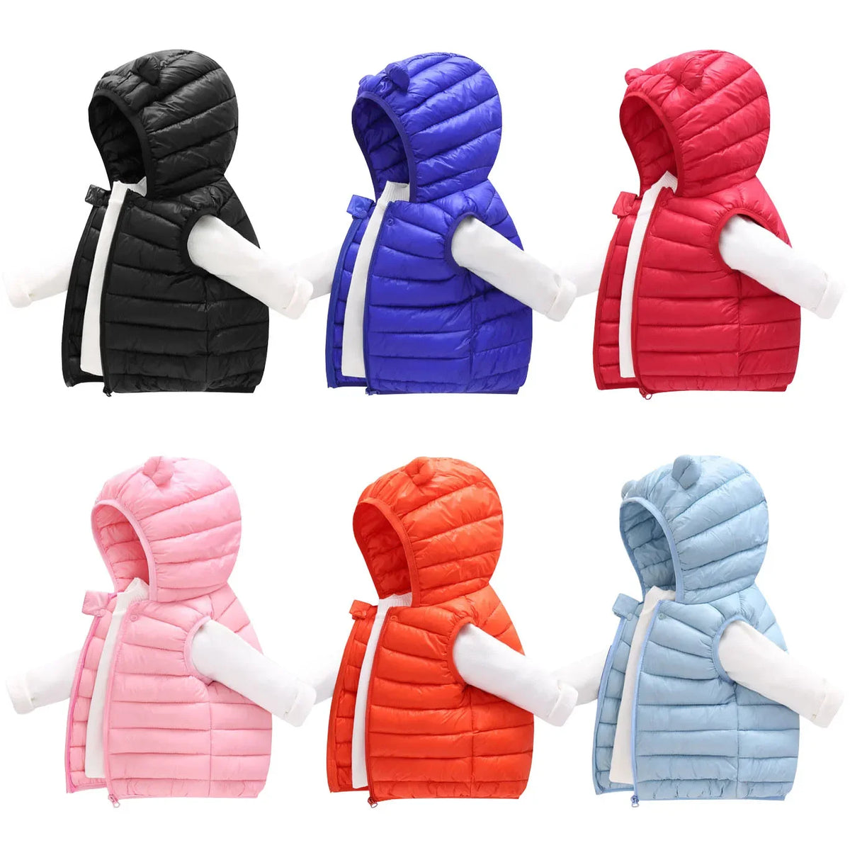 A set of four kids' hooded cotton vests in black, blue, red, pink, and light blue.