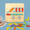 A wooden Montessori pegboard puzzle set with colorful wooden pegs and a wooden board.