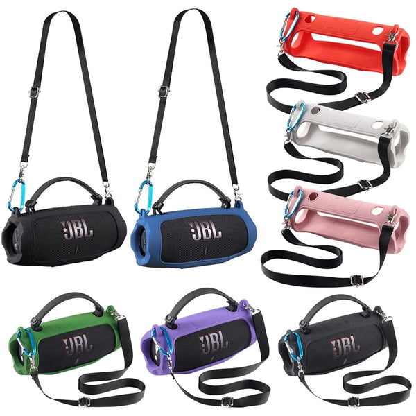 Various silicone protective cases in black, blue, pink, and green for the JBL Charge 6 speaker.