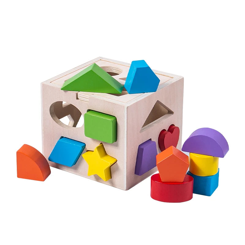 A wooden Montessori toy set featuring various colored geometric shapes and puzzle pieces for toddlers.