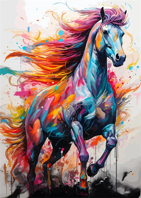 Vibrant watercolor painting of a leaping horse with flowing pink and orange mane against a light background.