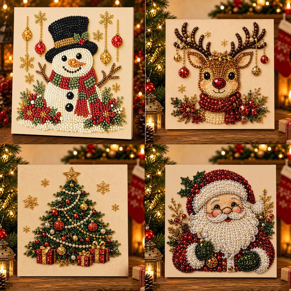 Three framed pearl paintings featuring a snowman, a deer, and Santa Claus for DIY craft kits