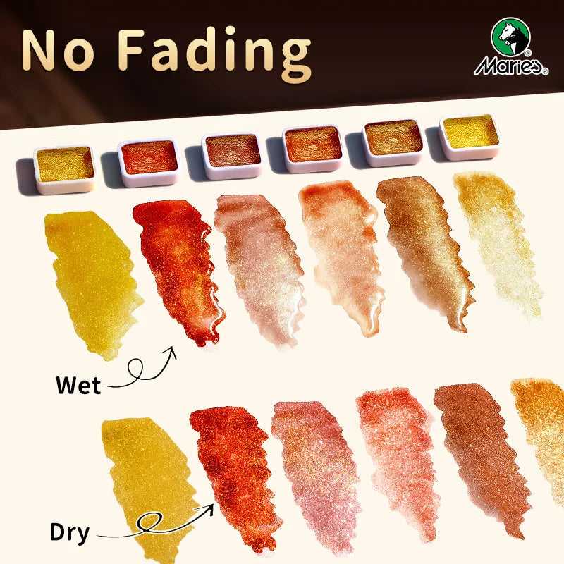 A set of watercolor paints showing wet and dry application of various pearlescent sunset and metallic star shades.