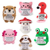 A collection of handmade crochet emotional support owl figures with various inspirational messages and colors.