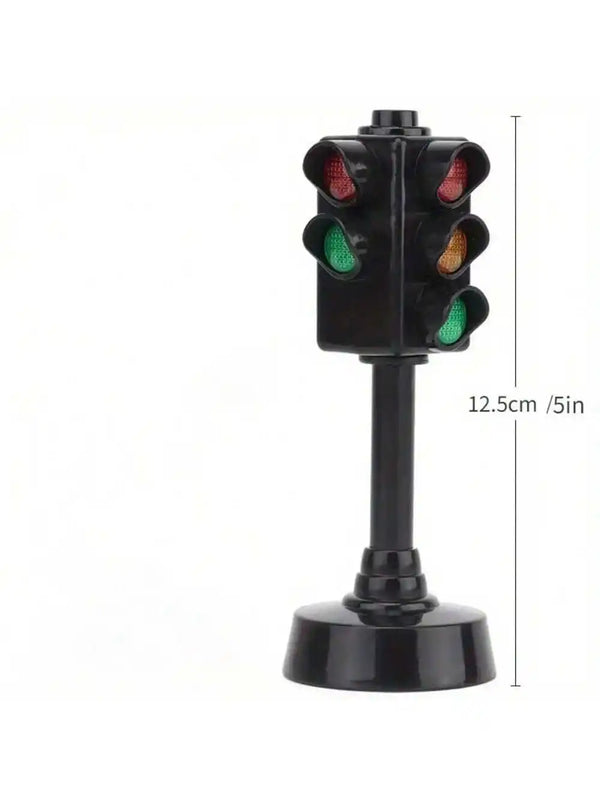 A black mini traffic light puzzle with colored lights on top and a stand below.