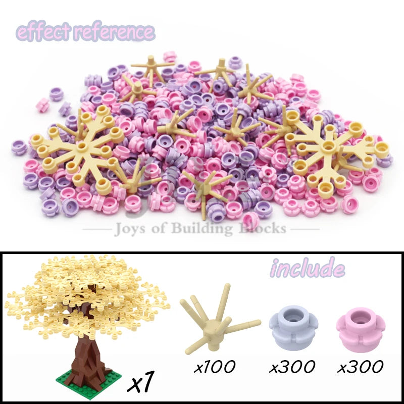 A set of building blocks featuring pink and yellow cherry blossom themed pieces, including 7 units.