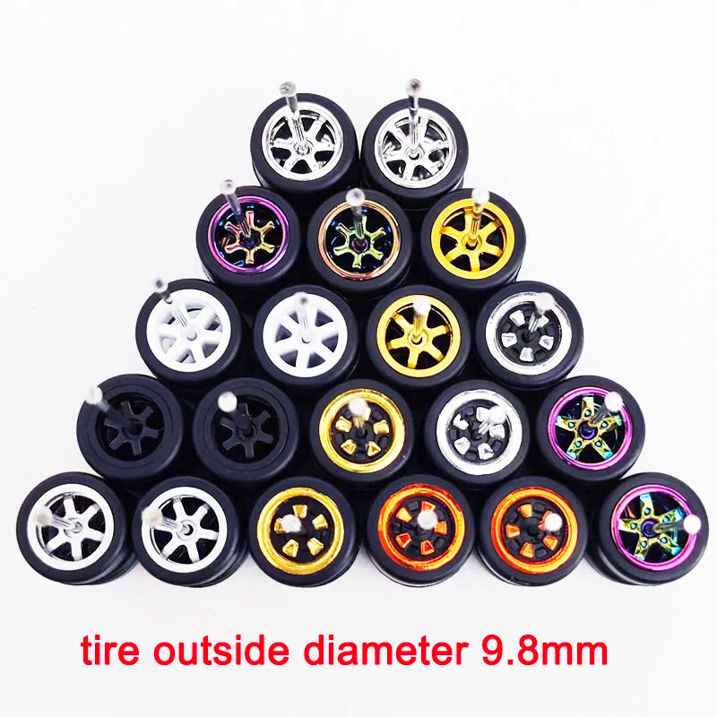1/64 Scale Alloy Car Wheels with Rubber Tires - 10 Sets
