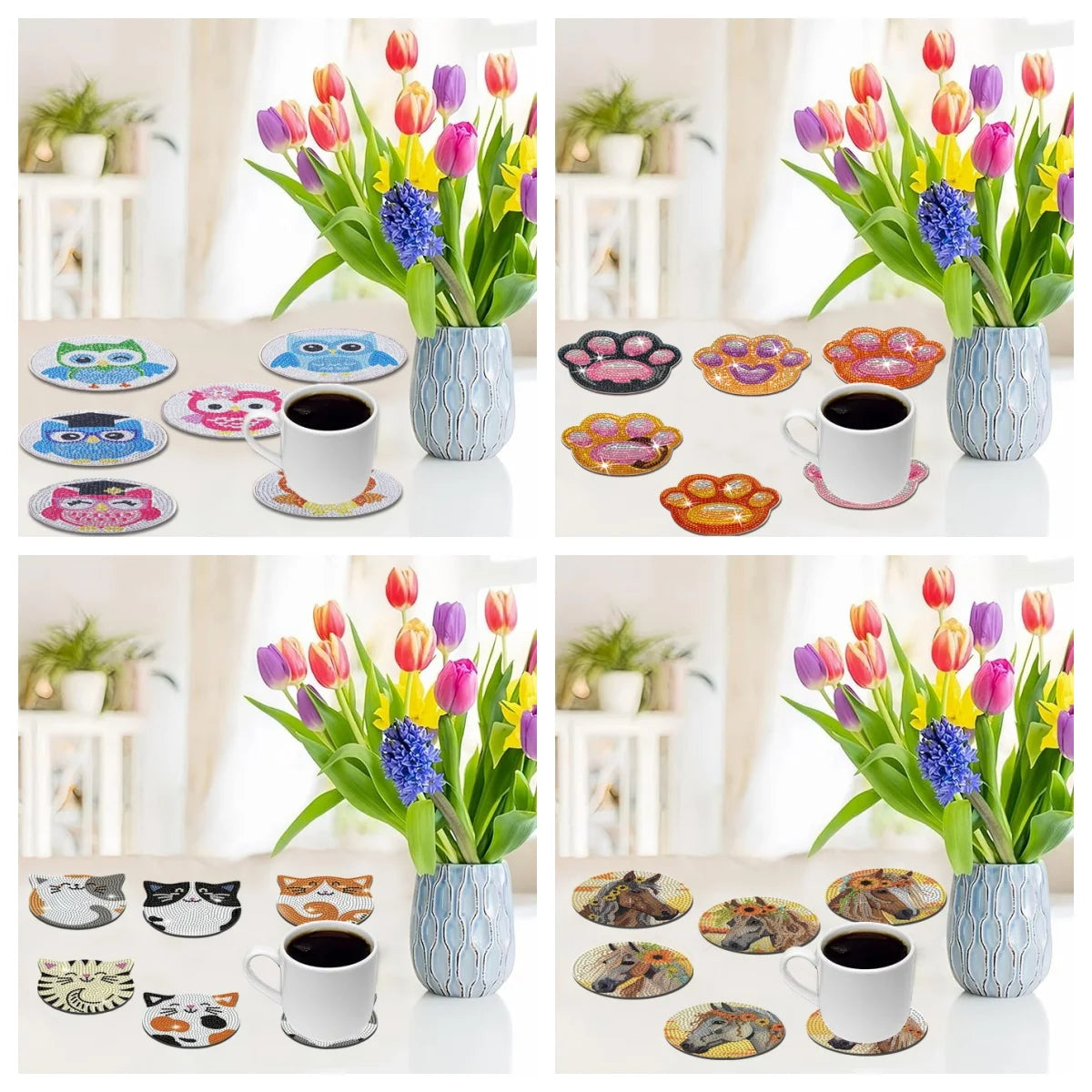 DIY Animal Diamond Painting Coaster Set with Wooden Base