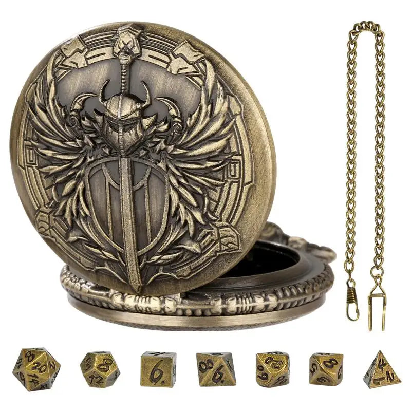 Metal Polyhedral Dice Set with Pocket Watch Case