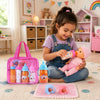 A young girl is playing with a pink milk bottle doll feeding playset and silicone feeding accessories on a rug.
