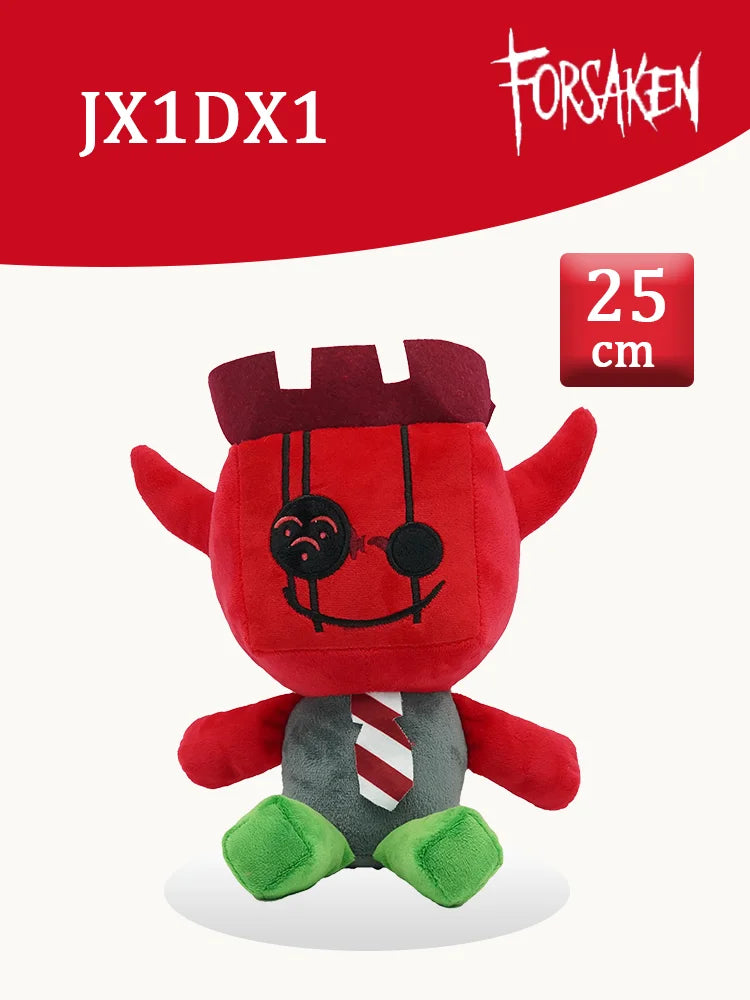 A red plush rabbit stuffed toy with black features and a gray body, displayed against a white background.