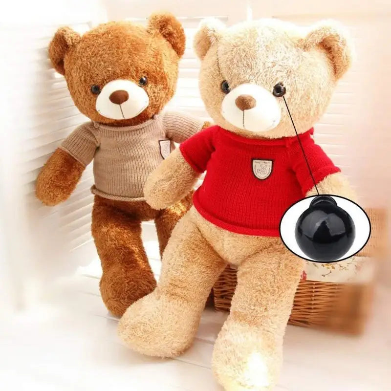 Two fluffy teddy bears with black safety eyes, one brown and one beige, standing next to a woven basket.