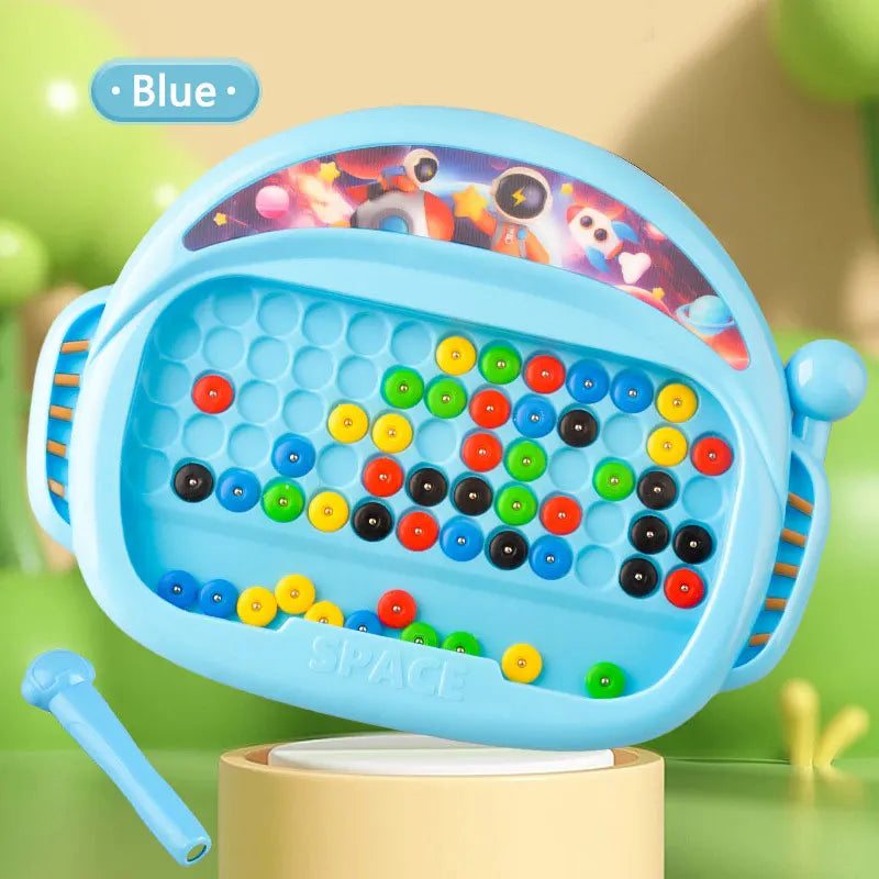 A blue magnetic drawing board for kids with colorful peggies and a space theme visible on a light background.
