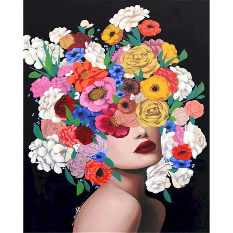A woman's face is adorned with a vibrant crown of colorful flowers, painted in a paint by numbers style.