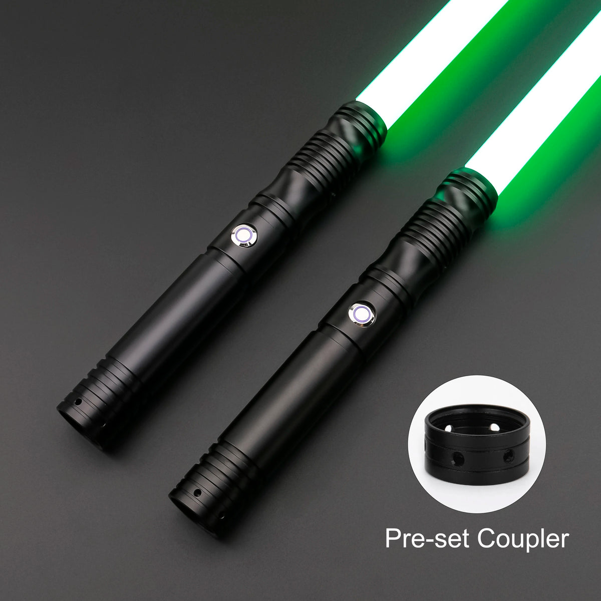 A black lightsaber staff with a white and green blade and a pre-set coupler is shown against a dark background.